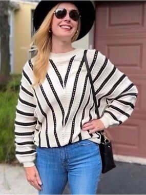 Women's Cream Crewneck Sweater with Black Stripes